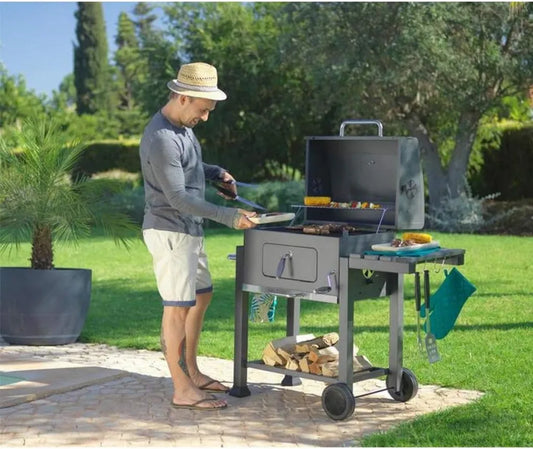 Grill à Charbon XXL avec Couvercle, Hauteur Ajustable, Évents Réglables, Chariot BBQ 107x115x68cm