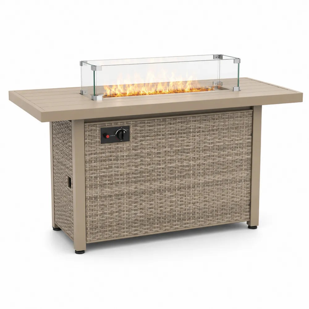 Table de feu en bois et résine tressée avec verre trempé