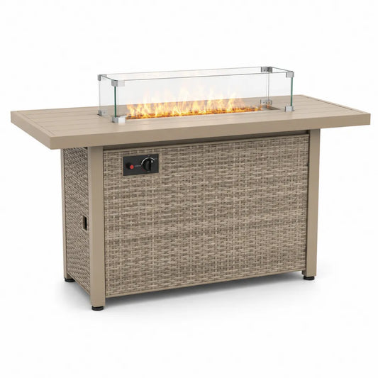 Table de feu en bois et résine tressée avec verre trempé