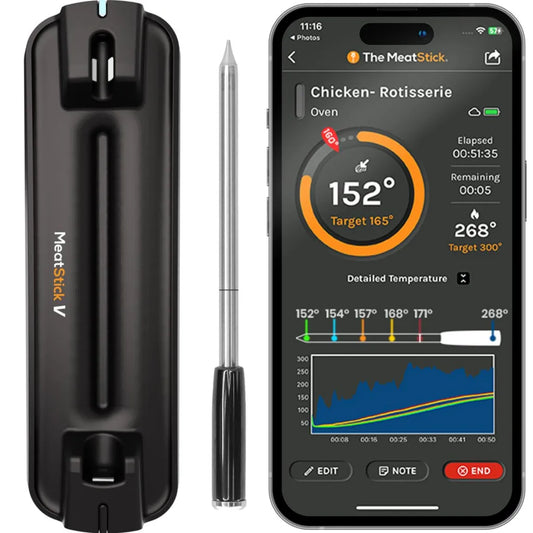Thermomètre à Viande Sans Fil MeatStick V, 6 Capteurs, WiFi Illimité, Jusqu'à 650°C, Parfait pour Barbecue, Fumoir et Four