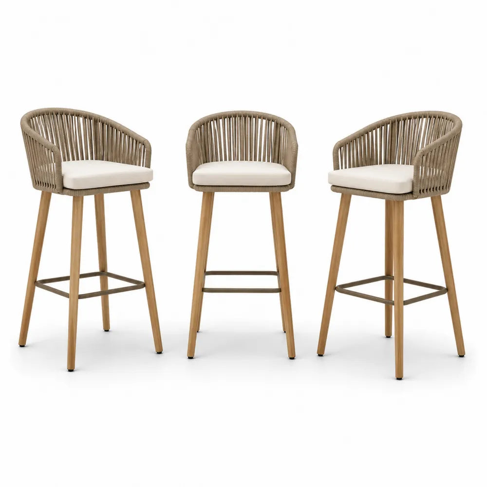 Ensemble de 3 tabourets de bar en bois et corde - Beige