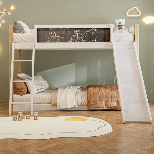 Lit superposé et lit mezzanine – pour enfant, avec toboggan, 2 Places, 90 × 200, 190cm, blanc