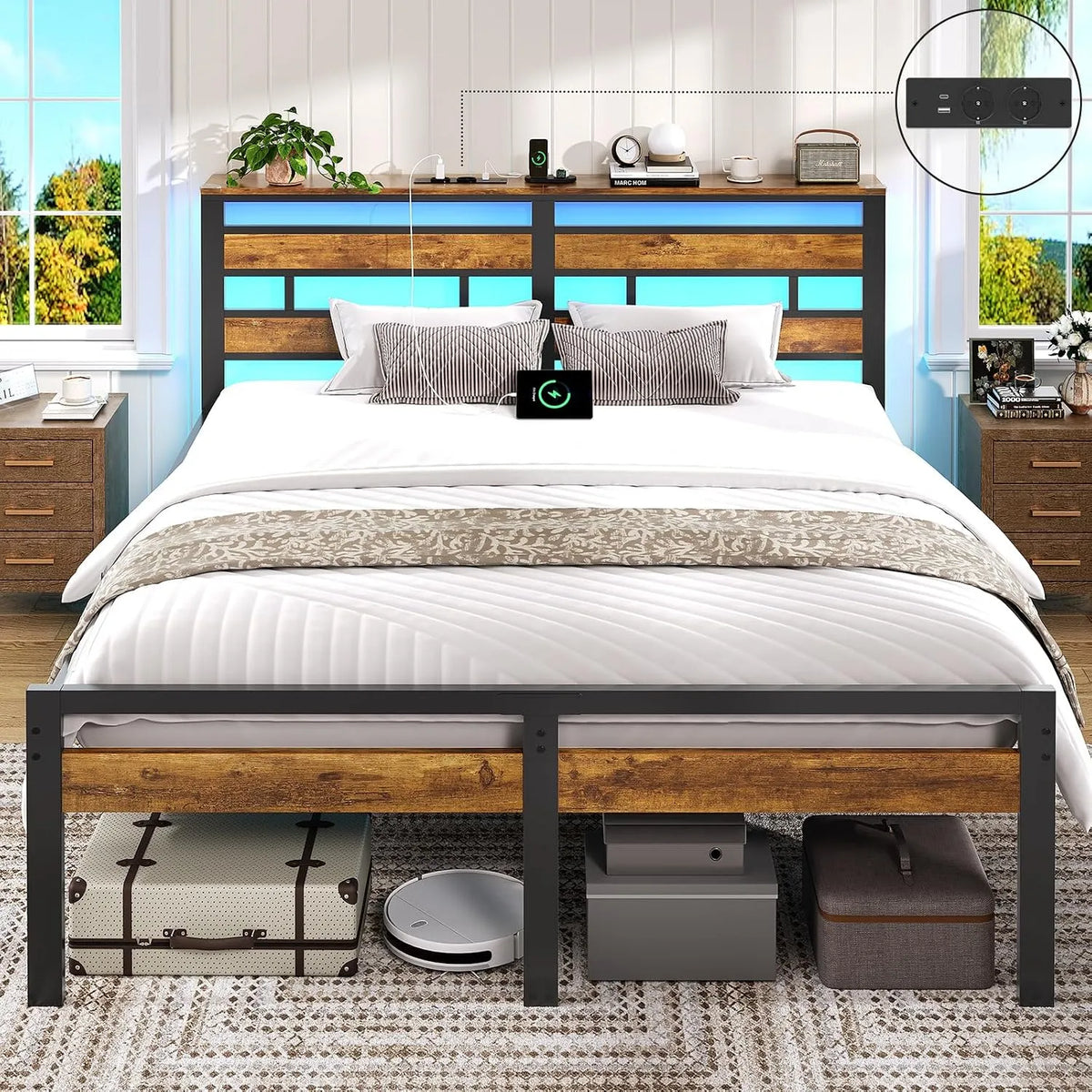 Cadre de lit et structure de lit 160x200 avec Sommier Métal Lit 2 Personnes: en métal, avec rangement, affichage LED, 160 × 200, 160 × 200 cm, marron
