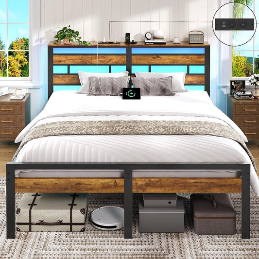 Cadre de lit et structure de lit 160x200 avec Sommier Métal Lit 2 Personnes: en métal, avec rangement, affichage LED, 160 × 200, 160 × 200 cm, marron