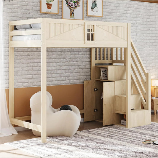 Merax Lit mezzanine en bois massif 90x200 cm: pour enfant, angle gauche, angle droit, 90 × 200 cm, revêtement en tissu
