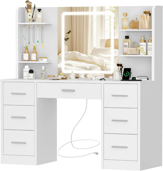 Grande Coiffeuse et table de maquillage – avec tiroirs, avec étagères, réglable, affichage LED, 4 Étagères, 7 Tiroirs, blanc