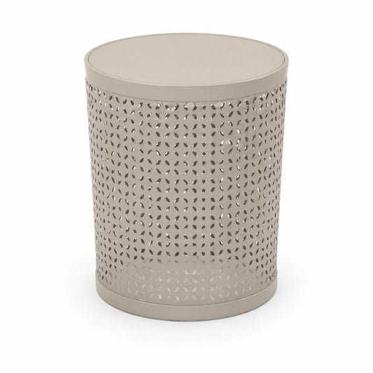 Table d'extérieur ronde en métal perforé beige Ø35 cm x 40 cm