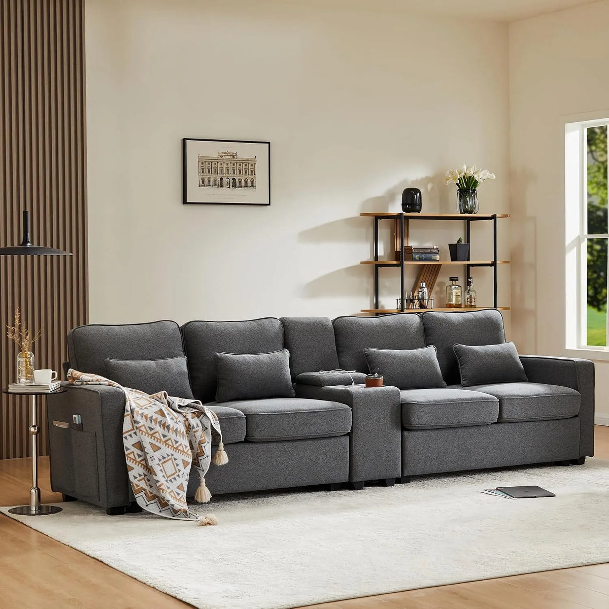 Canapé – avec accoudoirs, avec coussins, avec port USB, 4 places, 2 porte, gris