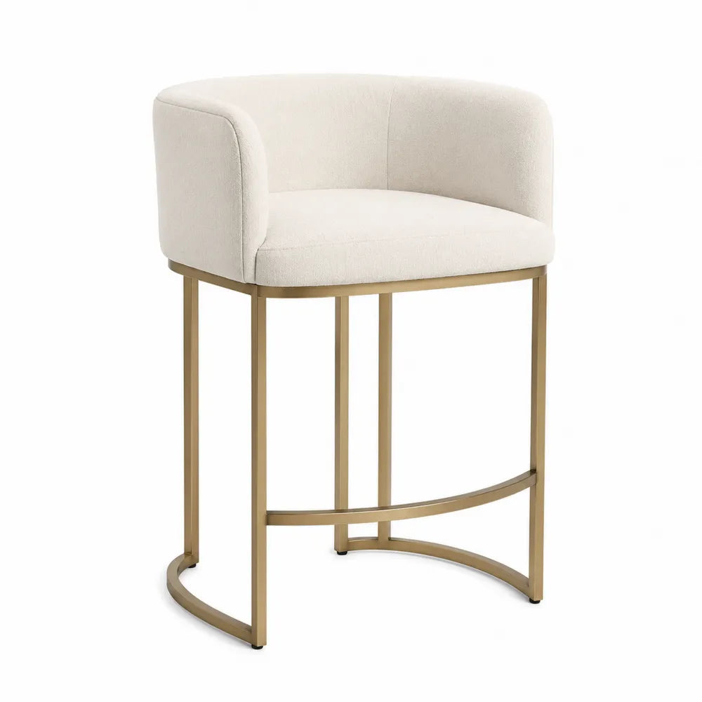 Tabouret en tissu crème avec structure en métal doré
