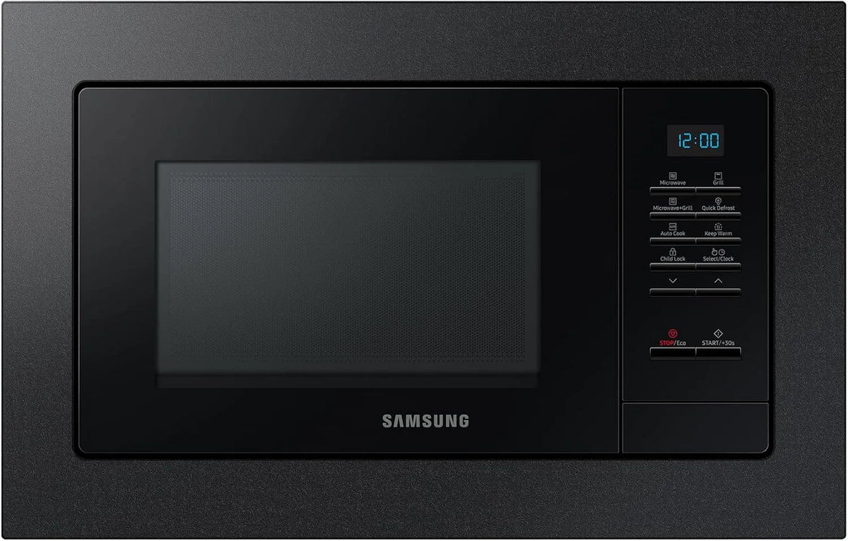 Samsung MG20A7013CB/EG Micro-ondes, 28 cm, 20 L, 850 W, encastrable, four micro-ondes, noir, avec cadre de montage, plaque crusty, intérieur en émail