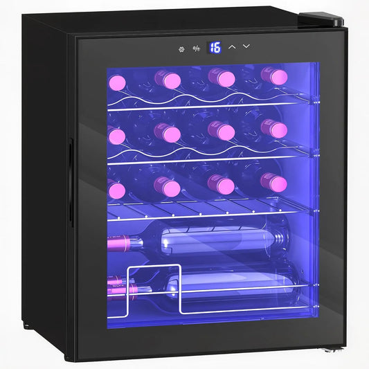 Cave à vin électrique, 42 L, 16 bouteilles, 5 à 18 °C, 2 zones de température, éclairage LED, tactile, noir, Réfrigérateur à vin et boissons avec