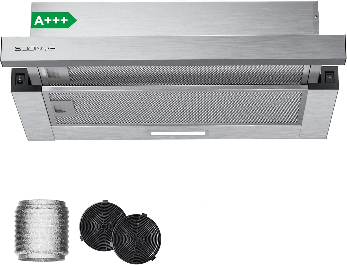 Hotte aspirante, 60cm, 380 m3/h, classe énergétique A, hotte de cuisine, évacuation et recyclage, 380m3, Recyclage ou Evacuation, Filtres Charbon