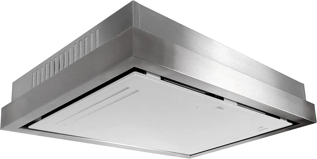 Hotte aspirante 120cm, hotte de cuisine, encastrable, acier inoxydable, blanc, GURARI 343 Inox 120, Aspiration puissante 1000m3, Verre blanc
