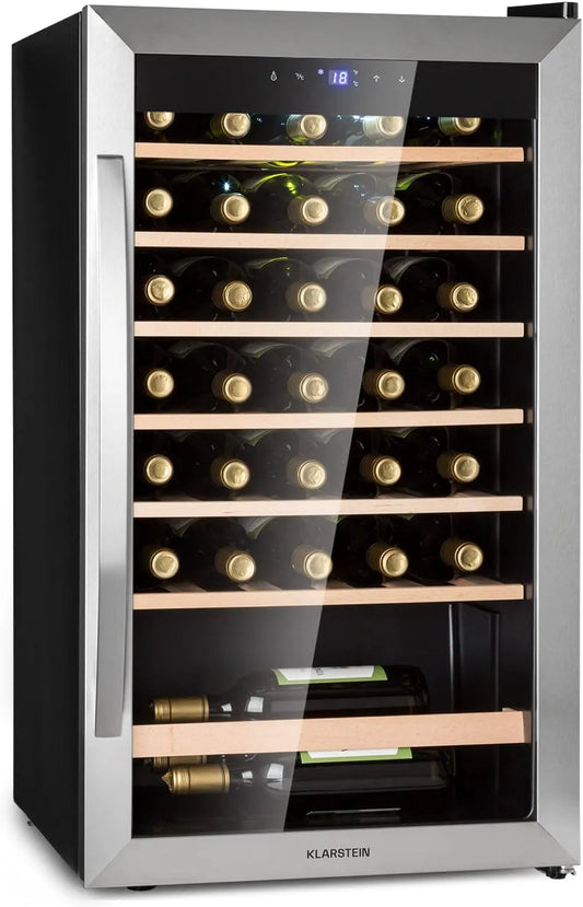Klarstein Cave à vin électrique, 36 bouteilles, 4 à 18 °C, tactile, Réfrigérateur Bar, Protection UV, Réfrigérateur à Vin avec Porte en Verre