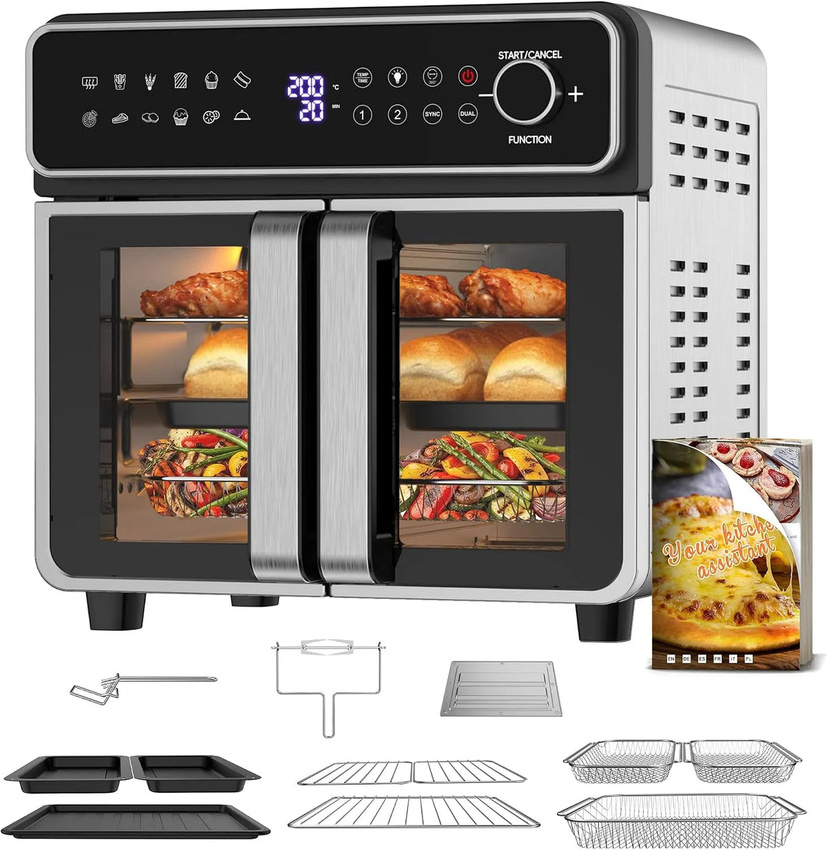 Four électrique 12-en-1, 23 L, 2400 W, 23L Friteuse à Air Chaud Familles, 200°C, 2400W Air Fryer, Grande Fritteuse Sans Huile Famille, Mini Forno