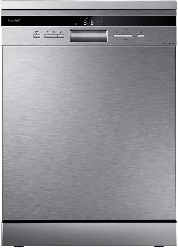 Lave-vaisselle, 60 cm, 8 programmes, 44 dB, COMFEE' FD1435E-x, pose libre, acier inoxydable, Paniers Flexibles, Ouverture Automatique, Départ différé