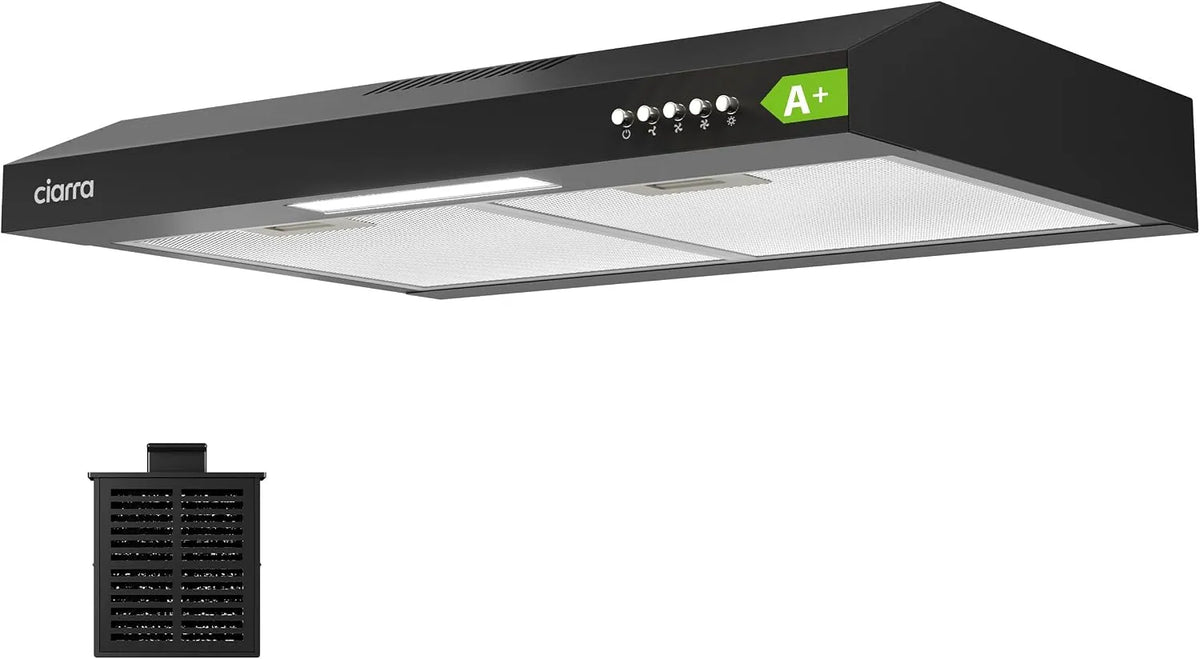 CIARRA CBCB6903D CBCF009 Hotte aspirante, 60cm, 220 m3/h, classe énergétique A, hotte de cuisine, évacuation et recyclage, éclairage LED, noir