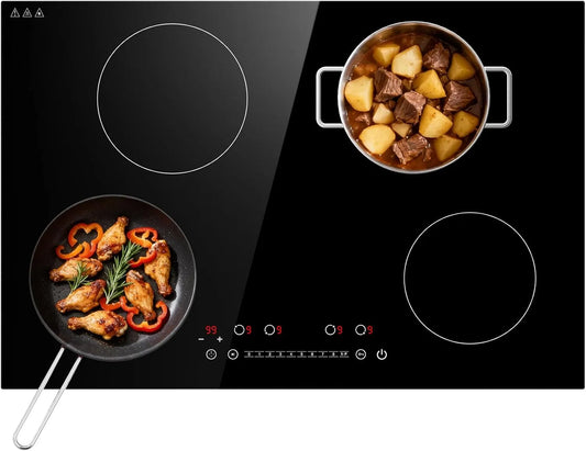 Plaque à induction, 77cm, 4 foyers, 6400 W, table de cuisson à induction, Boost, tactile, encastrable, minuteur, pose libre, Minuterie Indépendante et