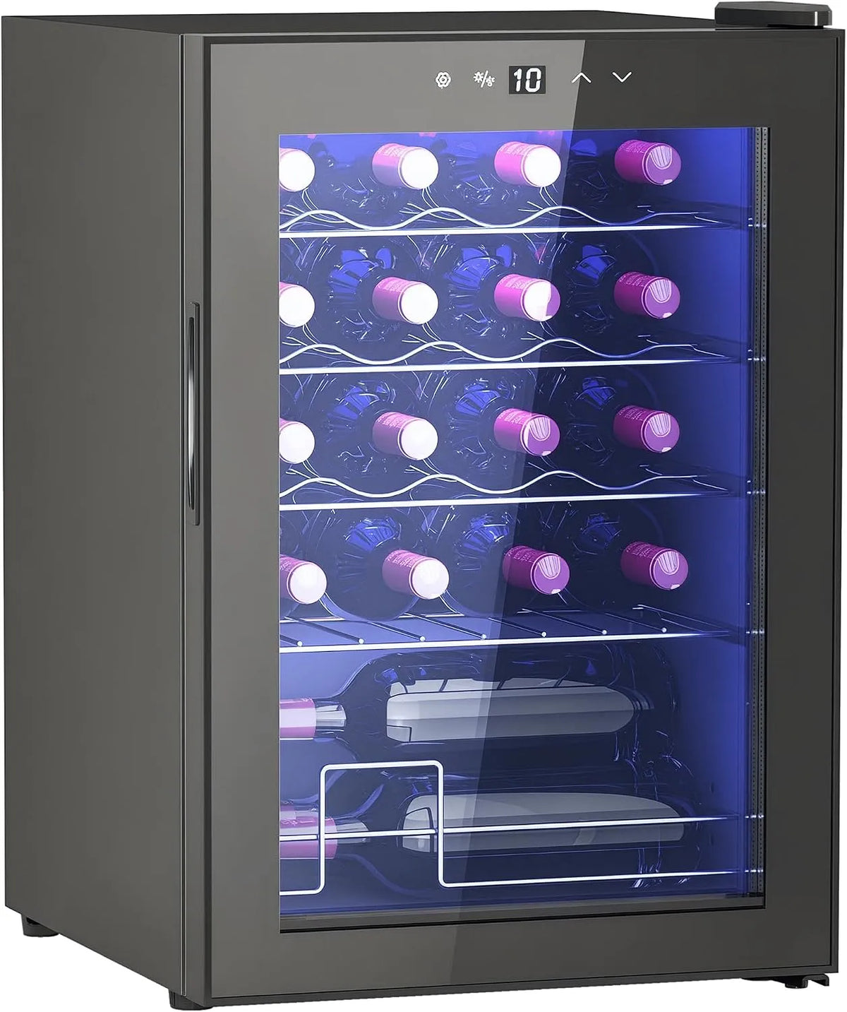 Cave à vin électrique, 53 L, 20 bouteilles, 5 à 18 °C, 2 zones de température, éclairage LED, tactile, silencieux, noir, Protection UV, Porte en Verre