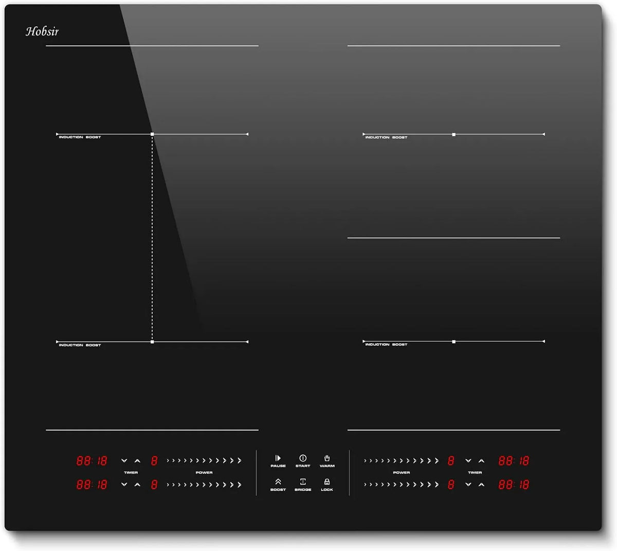 Plaque à induction, 60CM, 4 foyers, 7200 W, table de cuisson à induction, Hobsir, zone flexible, Boost, verrouillage, minuteur, maintien au chaud