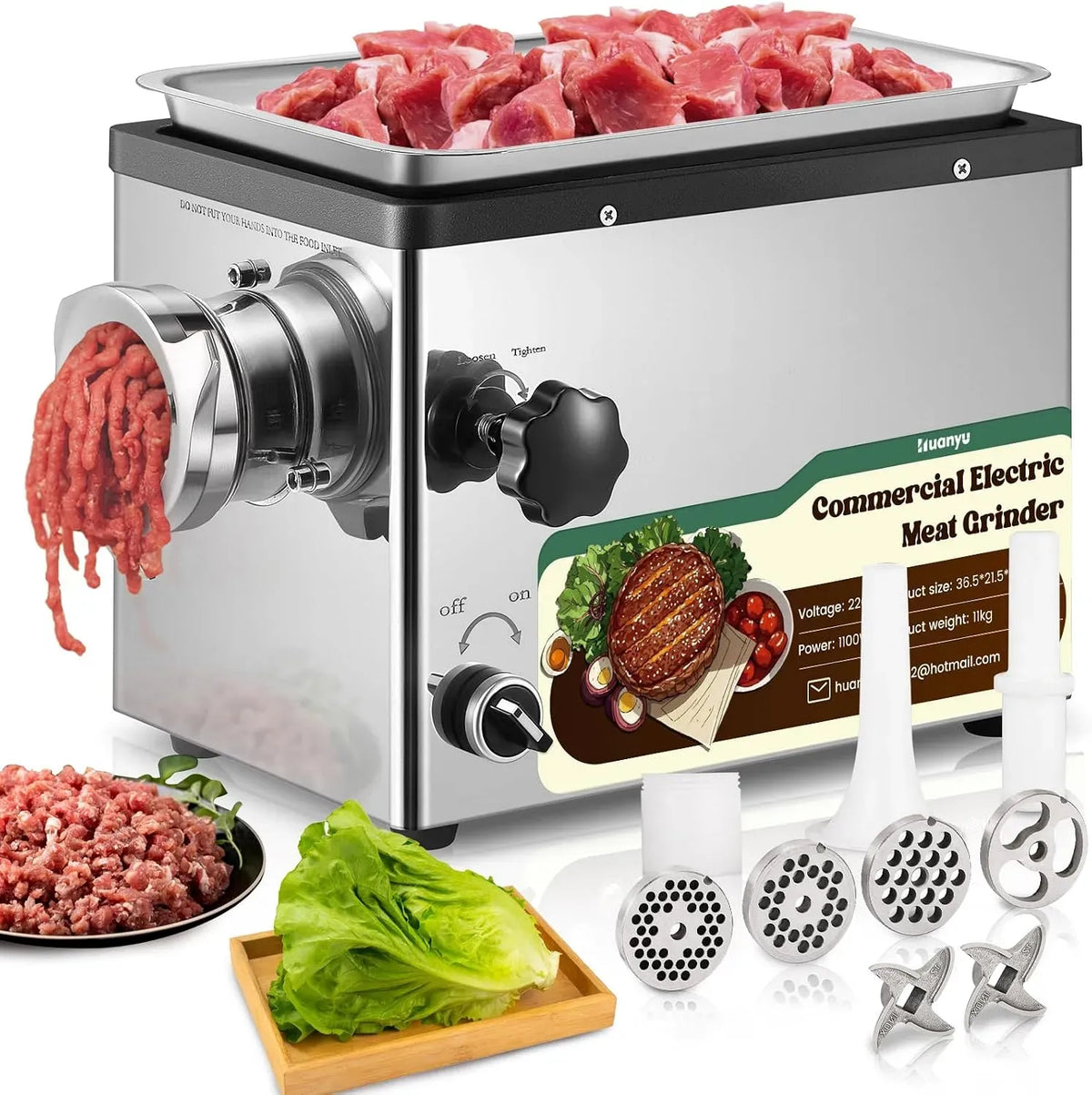 Huanyu Hachoir Électrique Hachoir a Viande Electrique Commercial 1100W Multi-fonctions Hachoir a Viande avec Poussoir a Saucisse Hachoir Électrique
