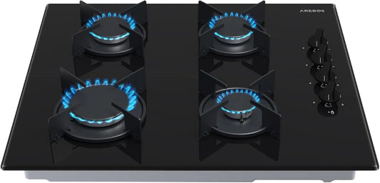 Plaque de cuisson à gaz, 60 cm, encastrable, fonte, table de cuisson à gaz, Verre trempé, Compatible gaz naturel et propane, Sécurité d'allumage